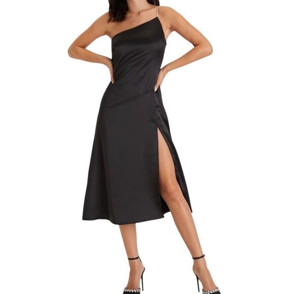 NWT Lulus Sleek Excellence Black Satin Rhinestone One Shoulder Dress S/Large - Picture 2 of 7